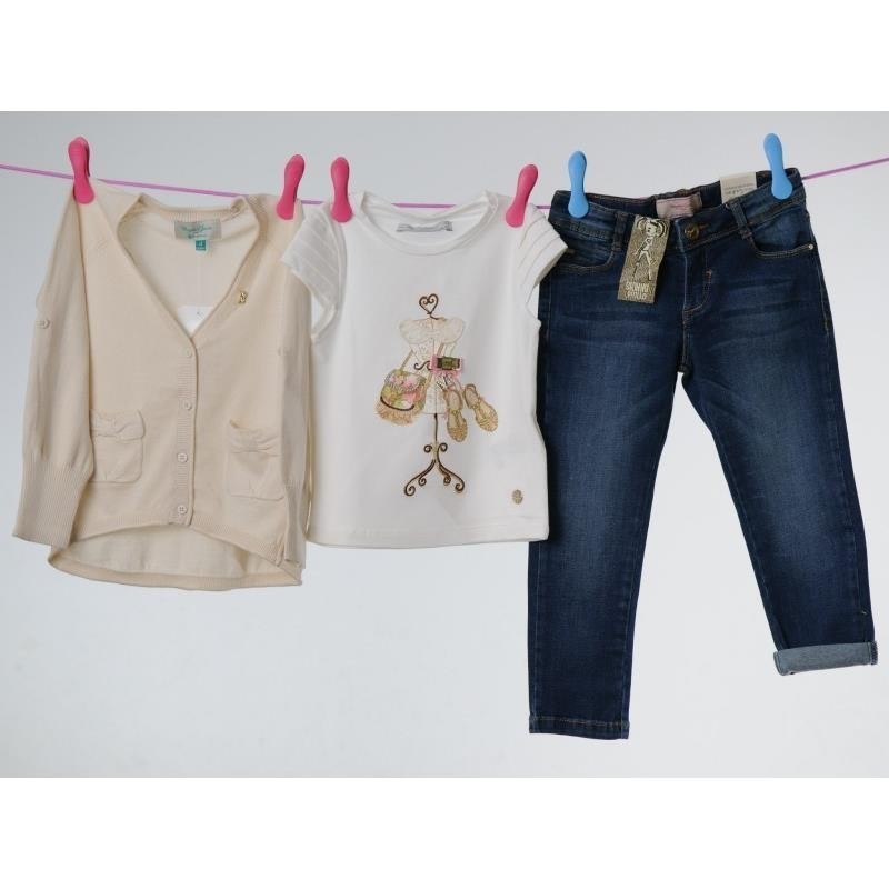 Bela majica s potiskom in kratkimi rokavi za deklice (3058-084), jopica za deklice (3350-086), kavbojke za deklice (548-043) - Mayoral