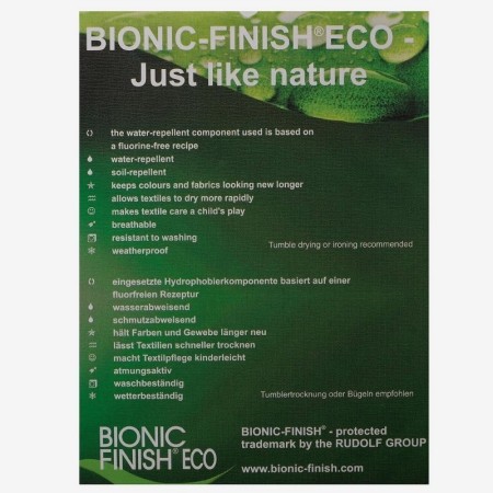 Jakna je obdelana z Bionic-Finish ECO materialom, ki je biološko razgradljiv in tako ne škoduje okolju.