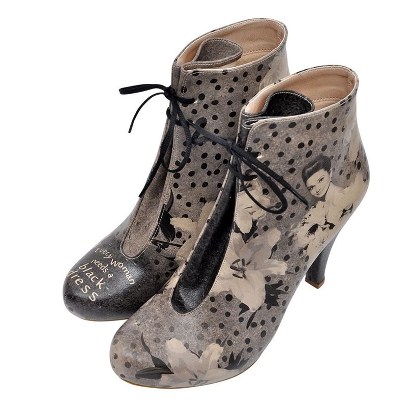 Potiskani gležnjarji s peto Bootie BLACK DRESS za ženske - DOGO