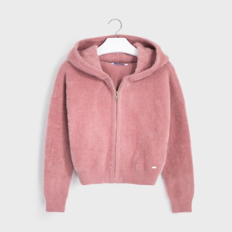 Kosmaten pulover s kapuco na zadrgo v temno roza barvi - Mayoral