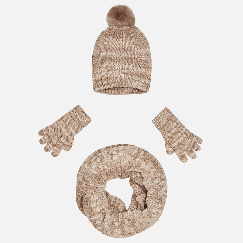 Tri delni komplet kapa, šal - boa in rokavice za punce v camel barvi - Mayoral