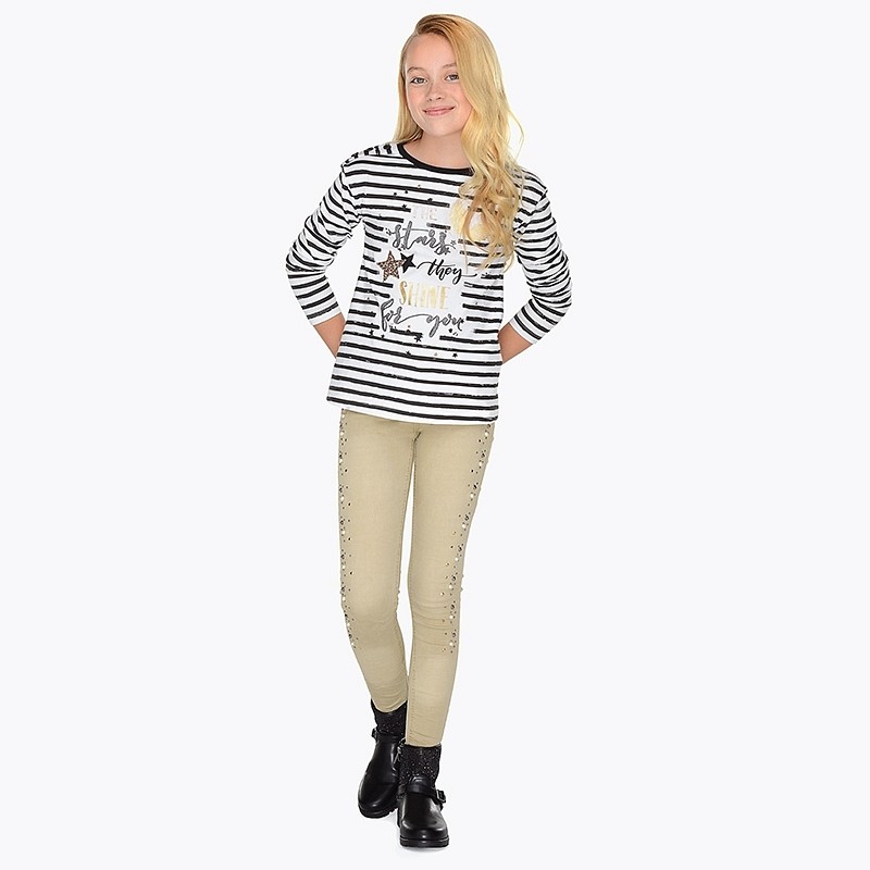 Oprijete kavbojke z perlicami v mandljevi barvi za punce - Mayoral