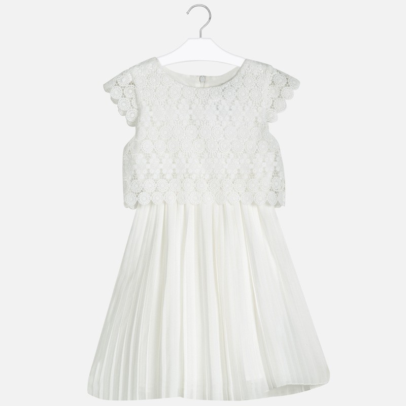 Bela svečana obleka s čipko in plisiranim spodnjim delom - Mayoral