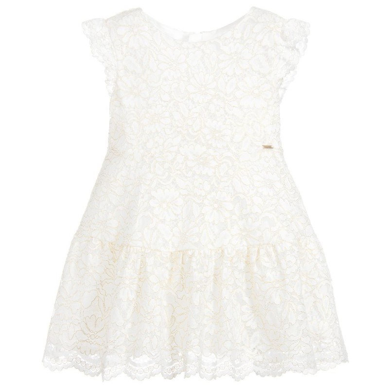 Bela obleka z zlato obrobljeno čipko za punce - Mayoral