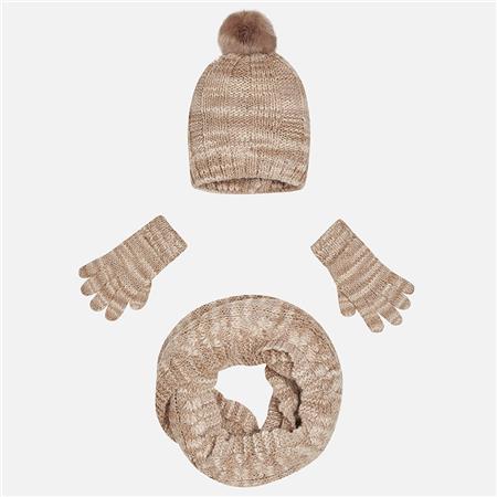 Tri delni komplet kapa, šal - boa in rokavice za punce v camel barvi - Mayoral