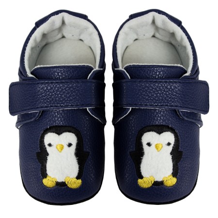 Usnjeni copatki za fantke Happy Penguin Navy - Rose 