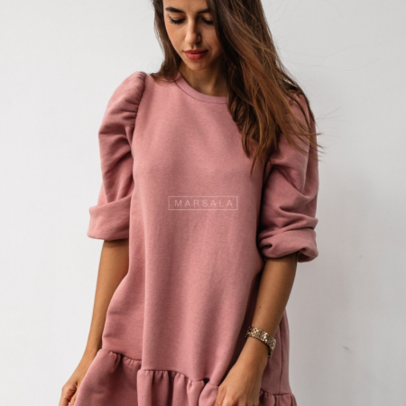 Obleka z nabranimi rokavi in nabranim spodnjim delom Sally v dirty pink barvi - Marsala