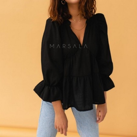 Lahka ohlapna bombažna bluza v črni barvi Suelo Black za ženske - Marsala