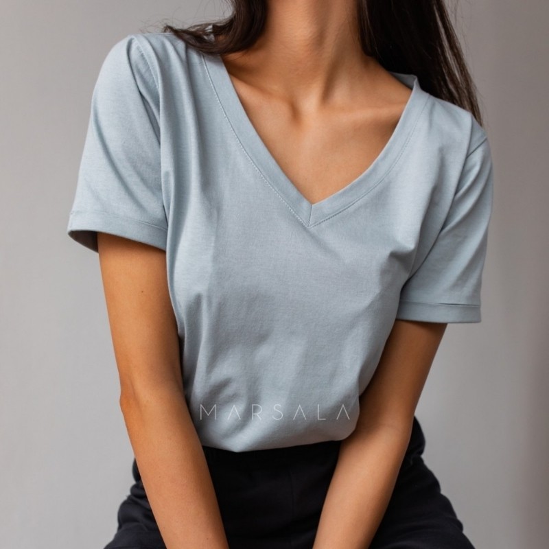 Bombažna majica s kratkimi rokavi v sprani denim barvi za ženske - Marsala