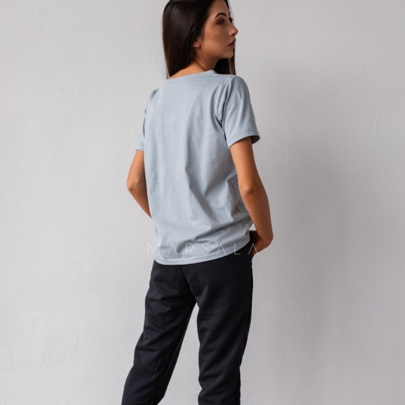 Bombažna majica s kratkimi rokavi v sprani denim barvi za ženske - Marsala