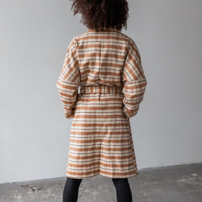 Dolg, topel plašč New York v bež - kamel karo vzorcu za ženske - Marsala