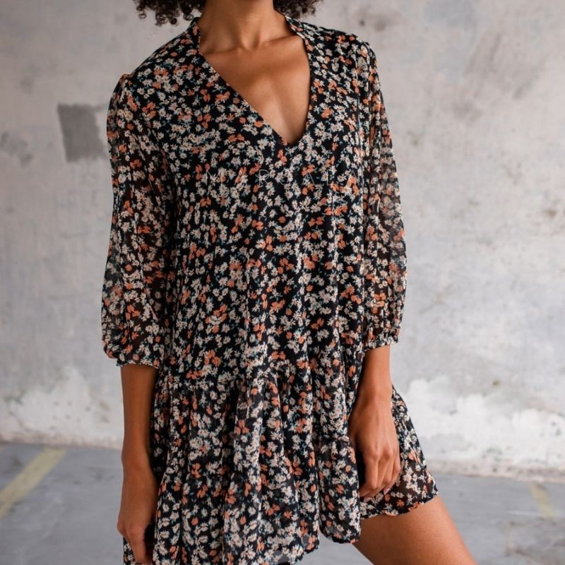 Lahkotna obleka Femi Black floral- By Marsala