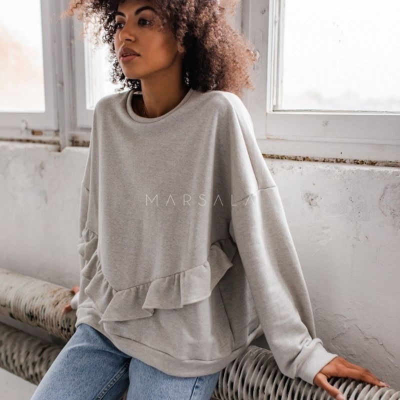 Oversized pulover z volančki ANGEL Grey melange - By Marsala