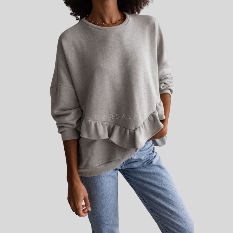 Oversized pulover z volančki ANGEL Grey melange - By Marsala
