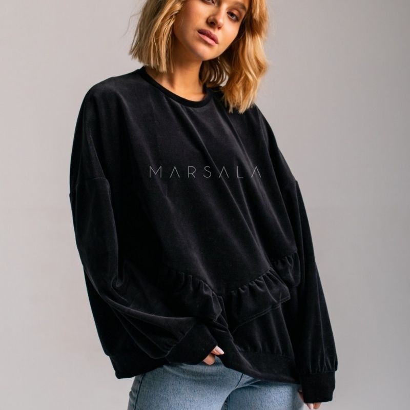 Žameten ˝oversized˝ pulover VELVET ANGEL Black - By Marsala