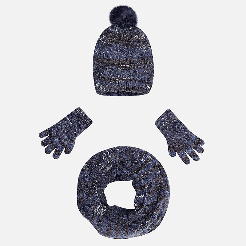 Tri delni komplet kapa, šal - boa in rokavice za punce v mešanici modrih barv - Mayoral