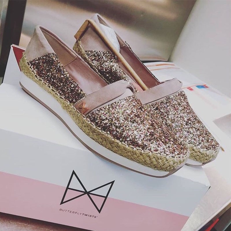 Espadrile s spominsko peno MAYA Rose Gold Glitter - Butterfly Twists