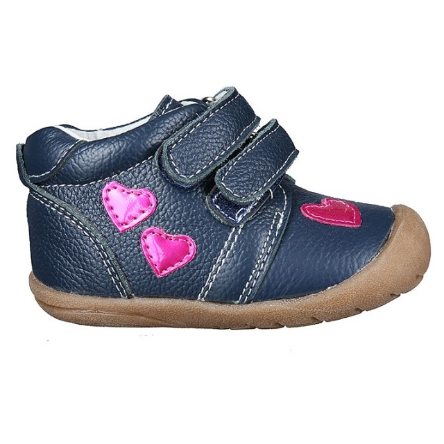 Usnjeni pre-walker čevlji Soft StepZ v Hearts Navy potisku za punčke - Rose et Chocolat