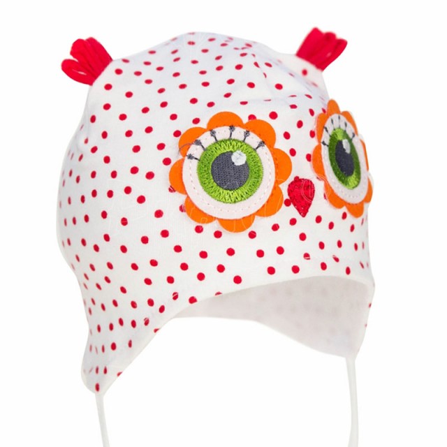 Pomladanska kapa Owl rdeča z trakci za deklice - Pupill