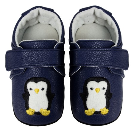 Usnjeni copatki za fantke Happy Penguin Navy - Rose 