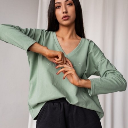 Bombažna majica z dolgimi rokavi V - neck Green Tint - By Marsala