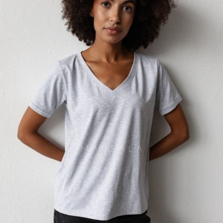 Bombažna majica za ženske V-neck Grey s kratkimi rokavi - Marsala