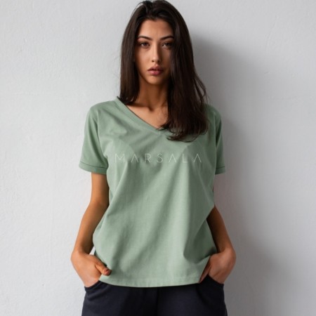 Bombažna majica z V izrezom za ženske v Green Tint barvi - Marsala