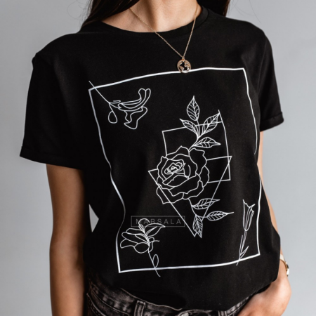 Črna bombažna majica s potiskom Flower print Black - Marsala