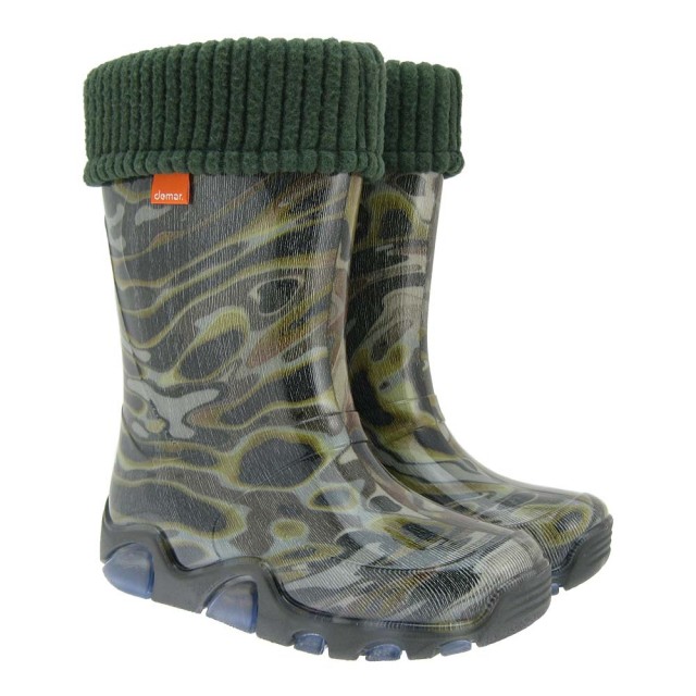 Dežni škornji za fante Camuflage zeleni s podlogo - Demar