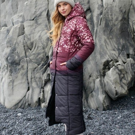 Dolga zimska bunda za ženske v potisku Cherry Flowers - Naoko