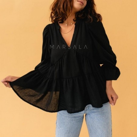 Lahka ohlapna bombažna bluza v črni barvi Suelo Black za ženske - Marsala