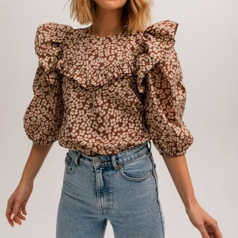 Bluza za ženske Alicante Brown floral print - By Marsala