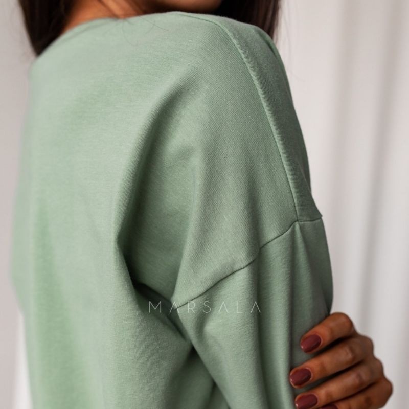 Bombažna majica z dolgimi rokavi V - neck Green Tint - By Marsala