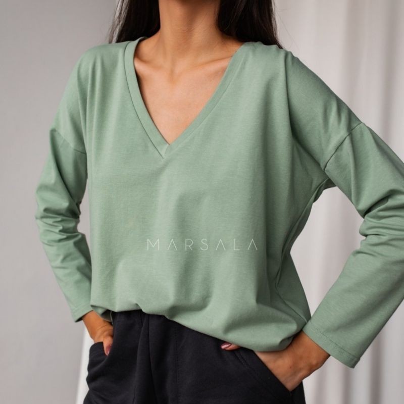 Bombažna majica z dolgimi rokavi V - neck Green Tint - By Marsala