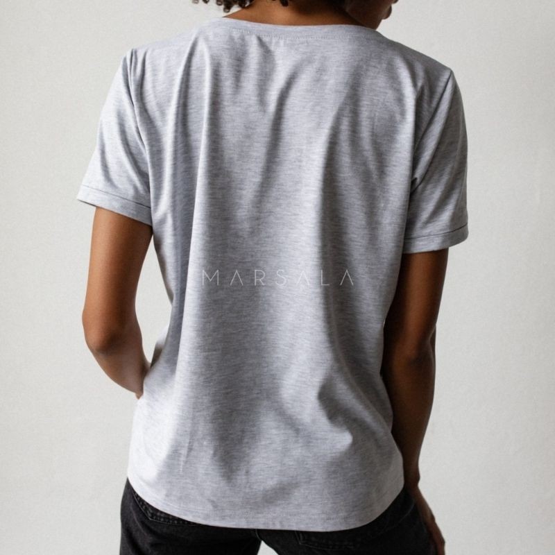 Bombažna majica za ženske V-neck Grey s kratkimi rokavi - Marsala