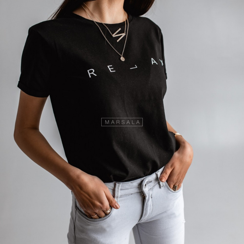Bombažna majica s kratkimi rokavi Relax Black - Marsala