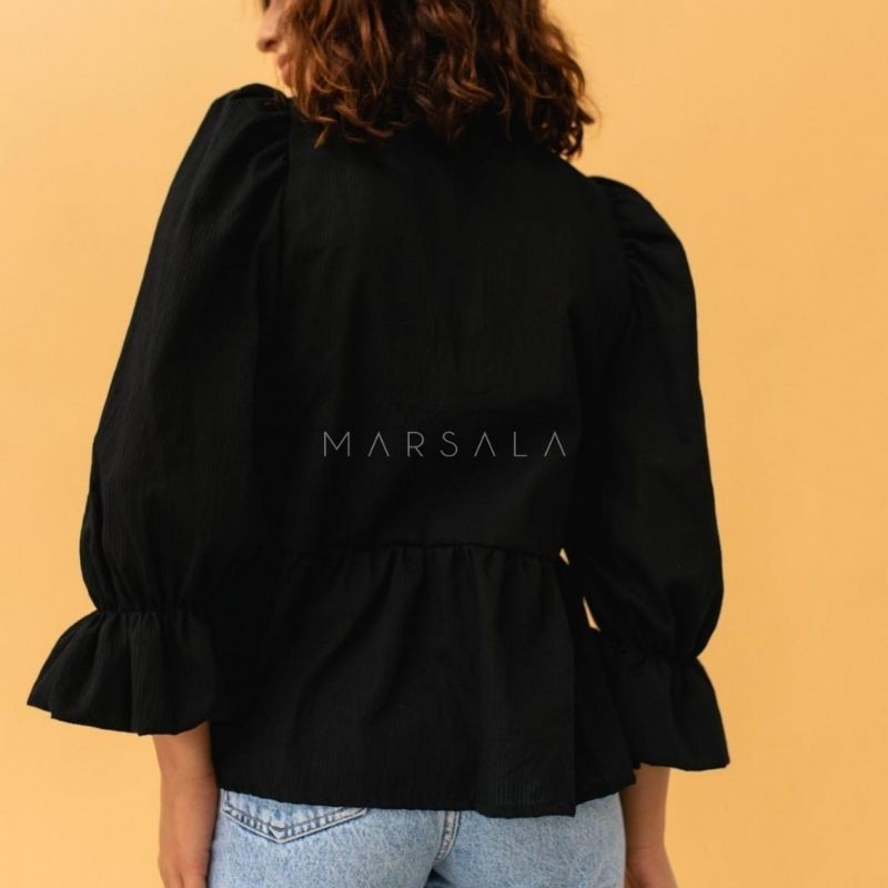 Lahka ohlapna bombažna bluza v črni barvi Suelo Black za ženske - Marsala