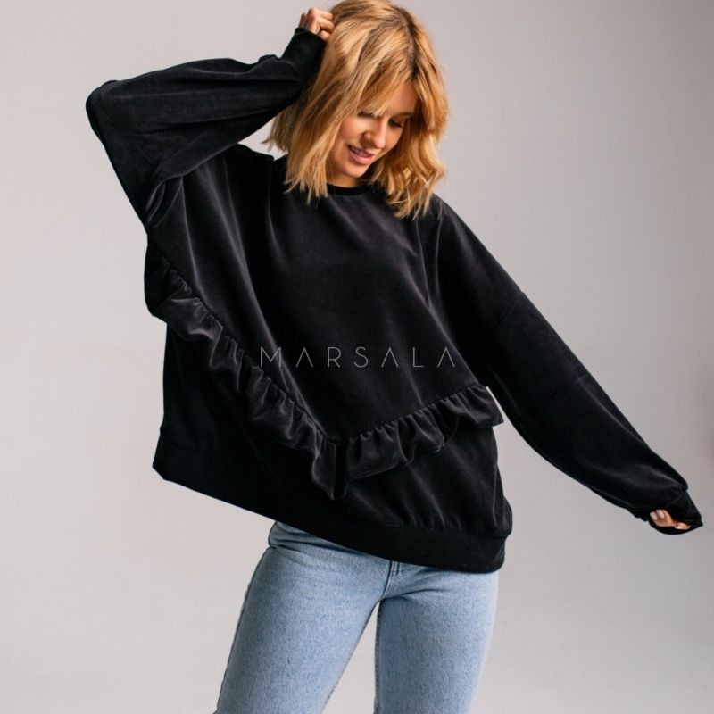 Žameten ˝oversized˝ pulover VELVET ANGEL Black - By Marsala