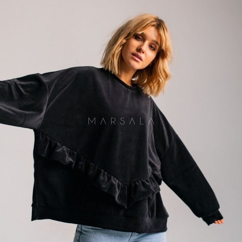 Žameten ˝oversized˝ pulover VELVET ANGEL Black - By Marsala