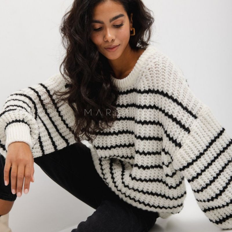 Pleten pulover RIVERO Black and White Stripes - By Marsala